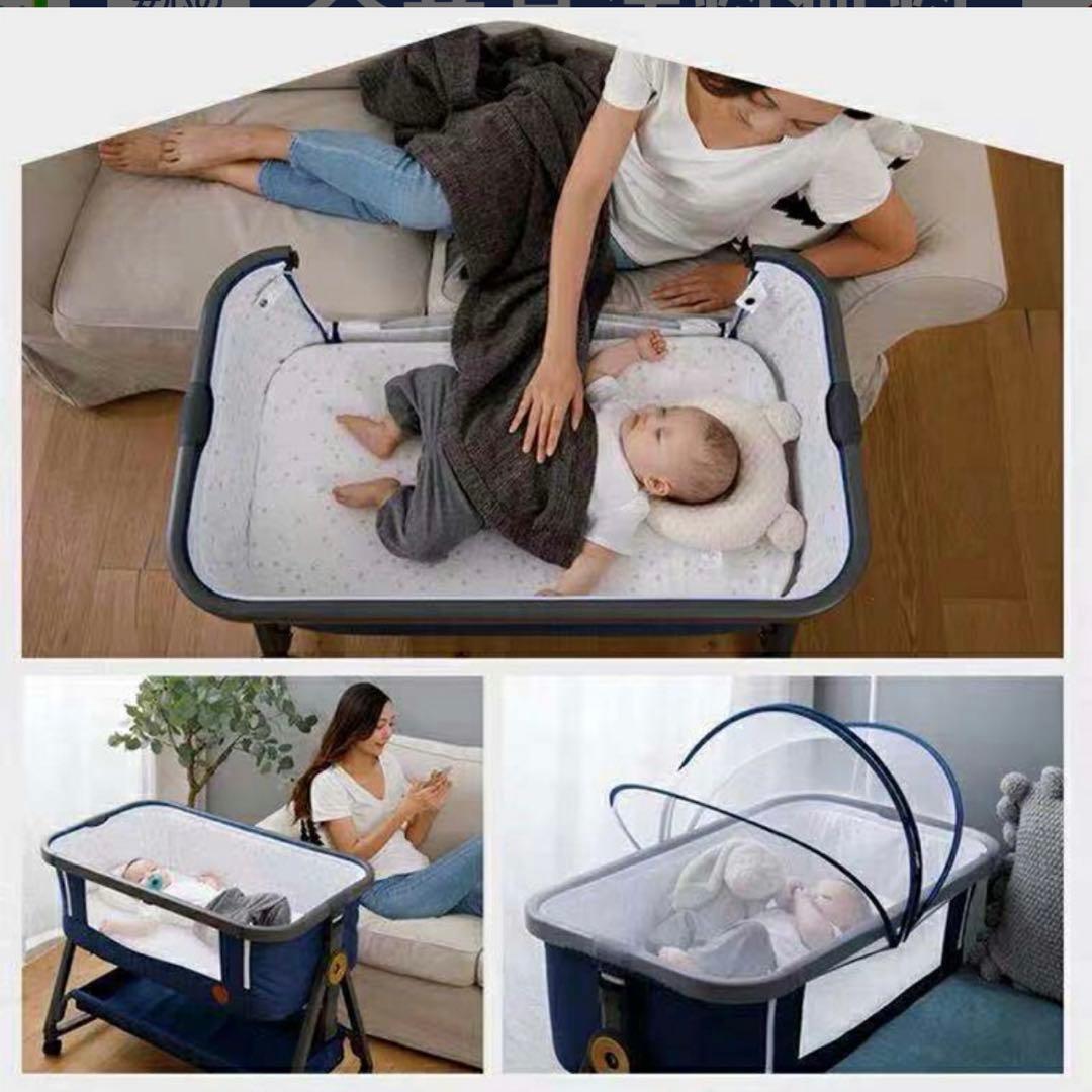 美品 防水パッド付き ベビーベッド hzdmj 添い寝ベッド　ミニ グレー