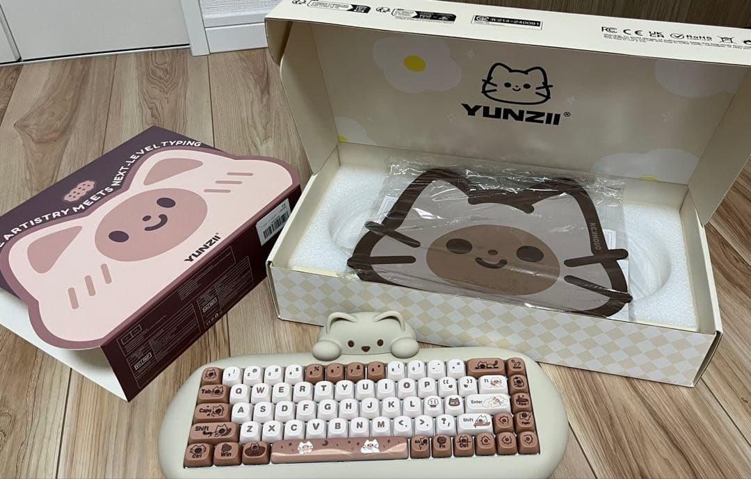 YUNZII 猫 デザイン キーボード 本体 ブラウン ミルクスイッチ