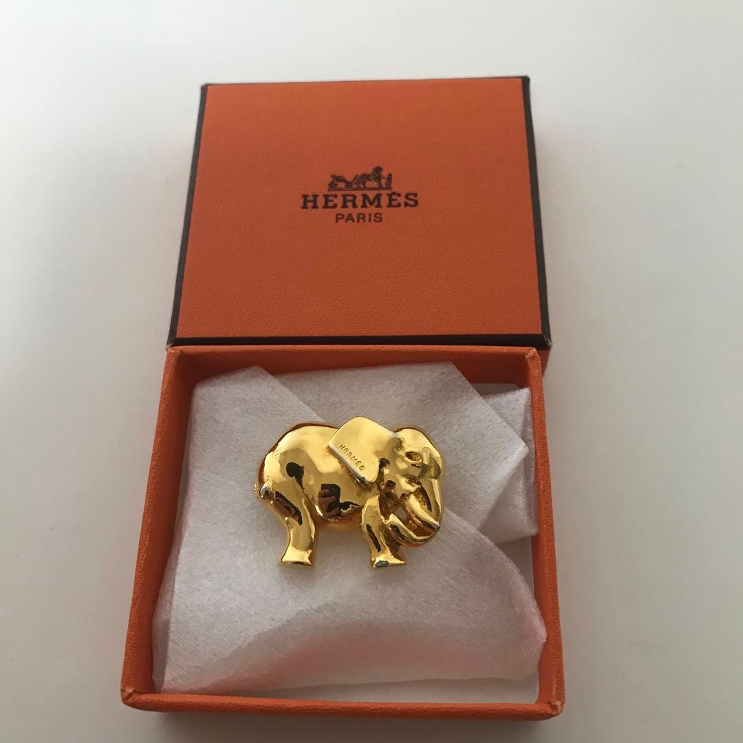 HERMES エレファント 象 ブローチ ゴールドカラー 箱付