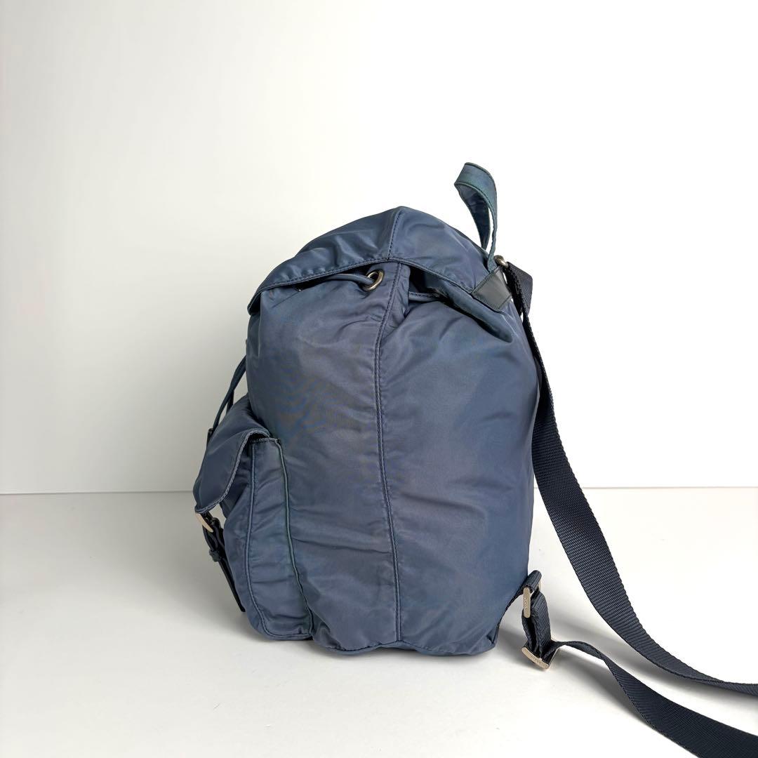 美品 PRADA プラダ リュック 三角ロゴプレート ナイロン レザー ブルー