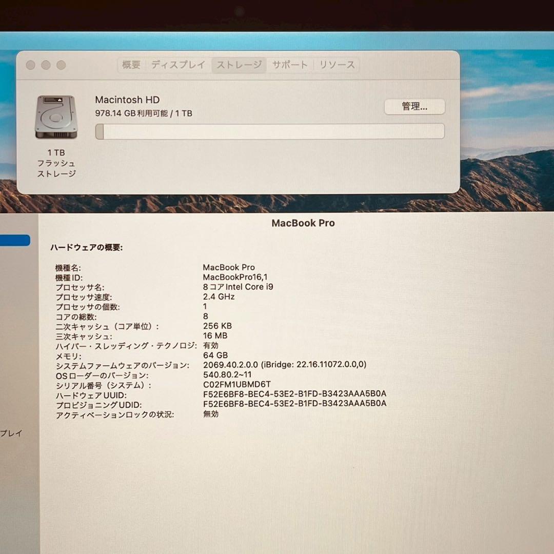 MacBook pro 16インチ 2019 i9 64GB 1TB 管3698
