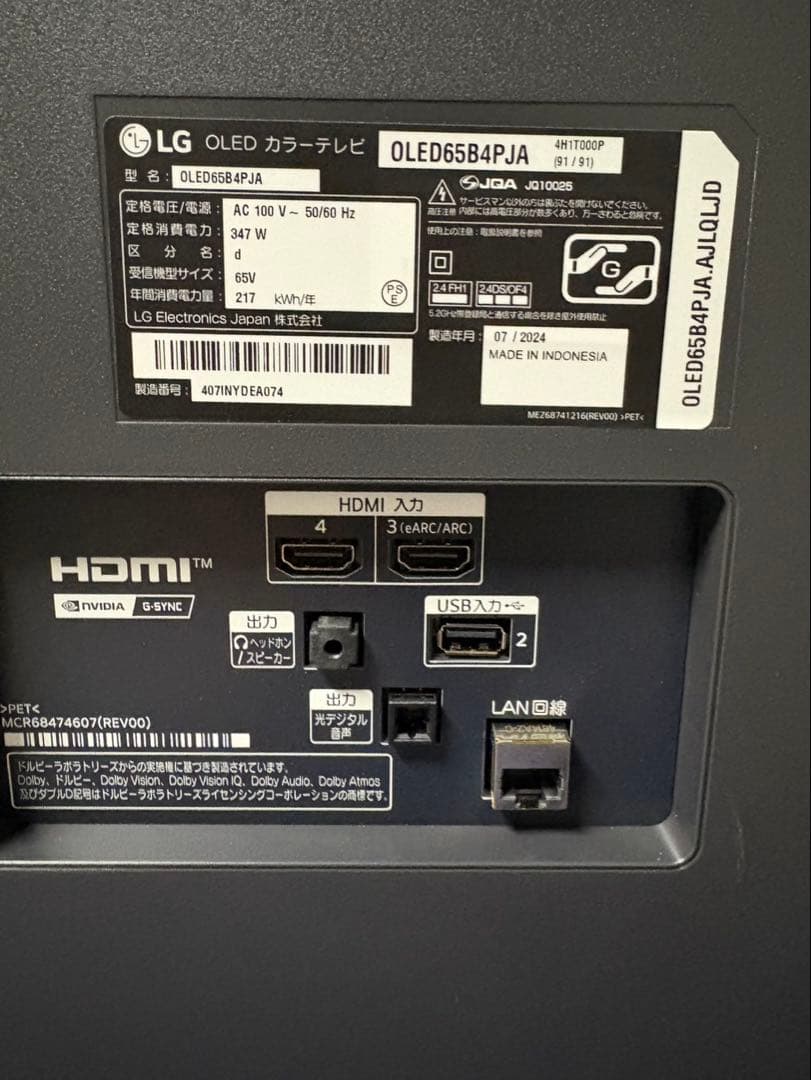 LG 65インチ 4K 有機ELテレビ 65B4PJA