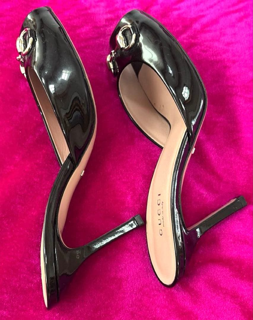 Gucci グッチ ホースビット パテントレザーオープントゥ ミュール