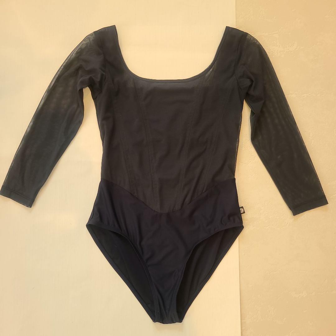 BODILE グレーネイビーのメッシュ、スクエアネック 長袖レオタード S/M