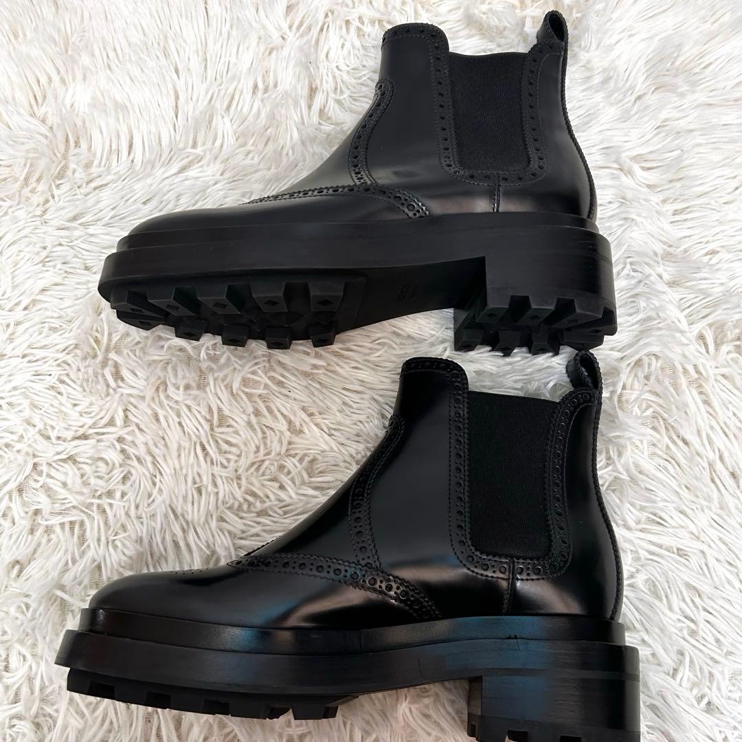 美品　HERMES サイドゴアブーツ　ブラック　ウィングチップ　レザー　保存袋