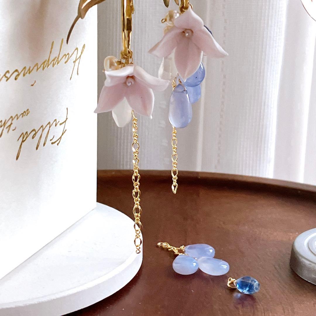 白妙◆ブルーカルセドニー×ブルームーンストーン×カイヤナイトピアス✧リリー
