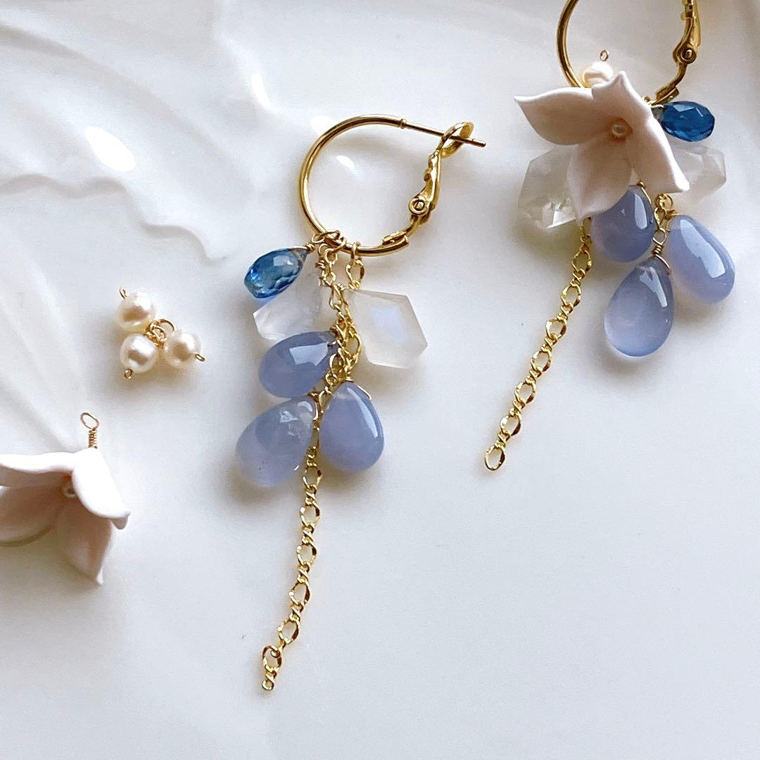 白妙◆ブルーカルセドニー×ブルームーンストーン×カイヤナイトピアス✧リリー