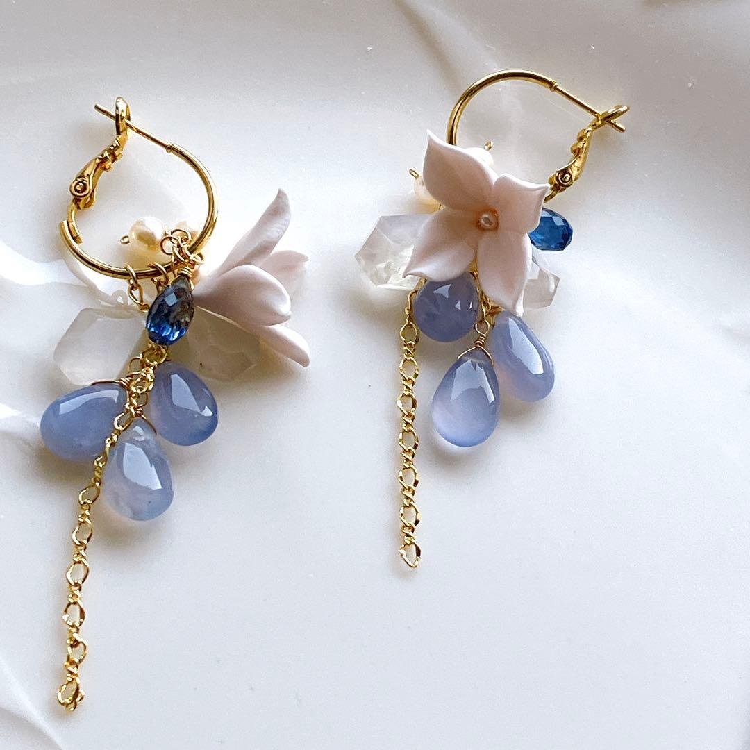 白妙◆ブルーカルセドニー×ブルームーンストーン×カイヤナイトピアス✧リリー