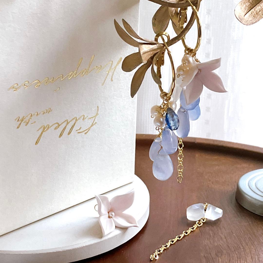 白妙◆ブルーカルセドニー×ブルームーンストーン×カイヤナイトピアス✧リリー