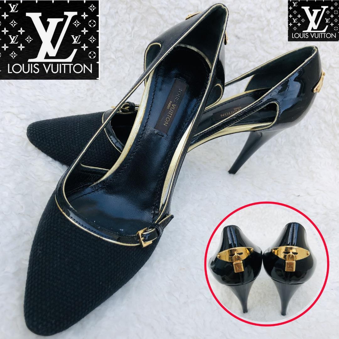 LOUIS VUITTON ブラック ハイヒール 南京錠 ゴールド エナメル