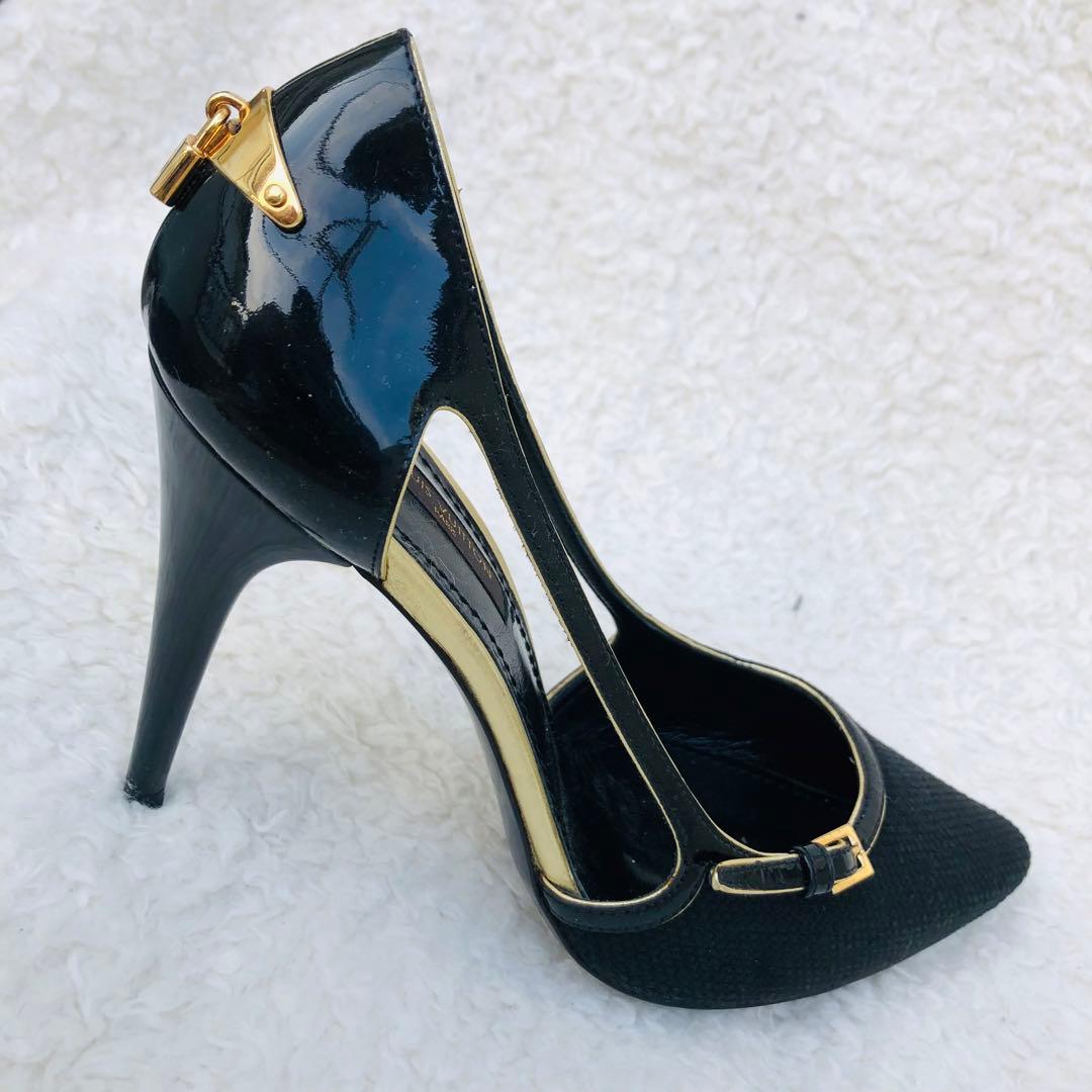 LOUIS VUITTON ブラック ハイヒール 南京錠 ゴールド エナメル