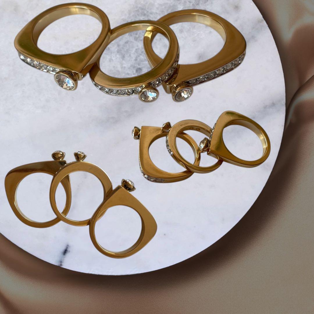 美品◆スワロフスキー アレンジ自在キラキラ輝きリング3点ゴールド色 指輪 10号