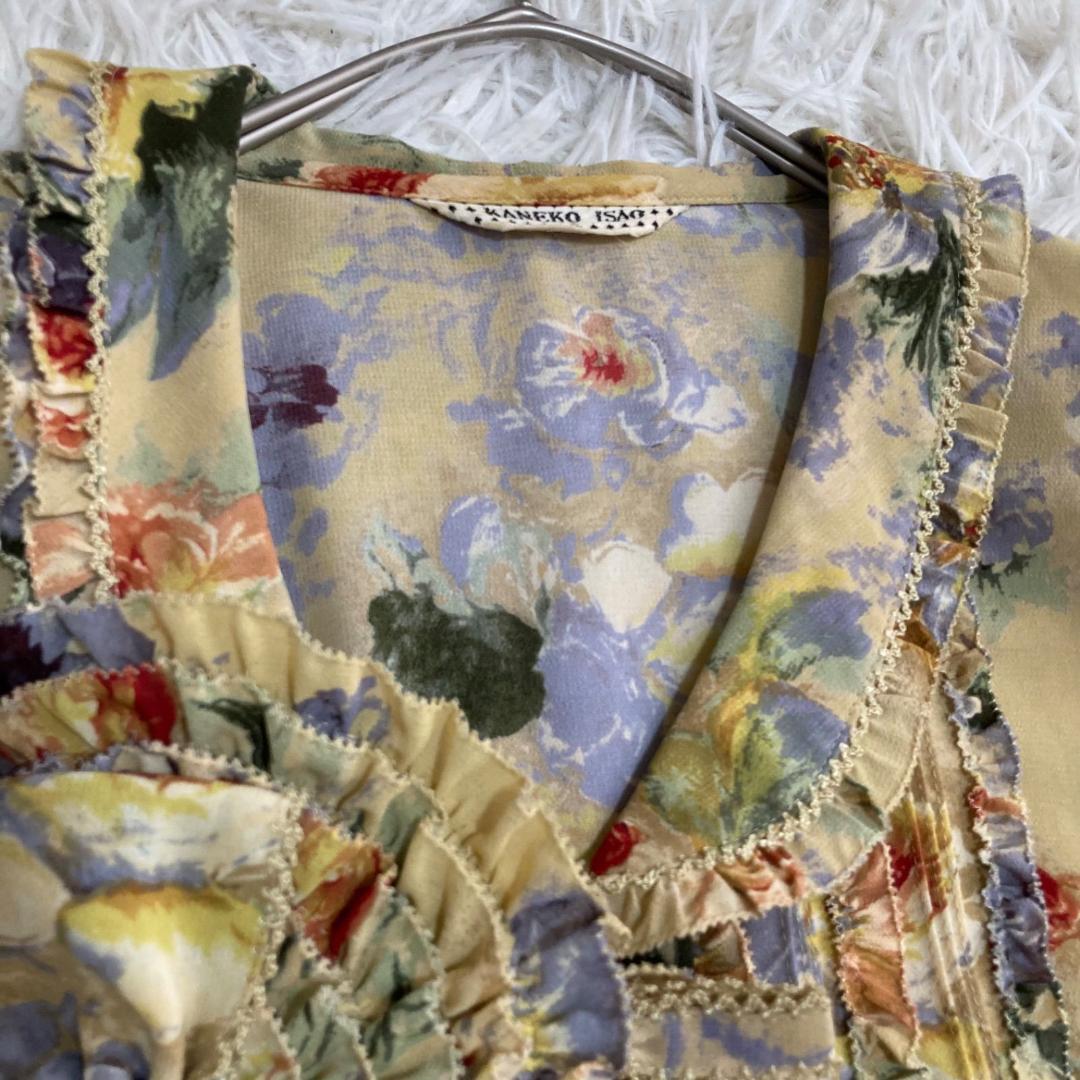 15797✨美品✨カネコイサオ コサージュ付 ピコフリル 花柄 ブラウス