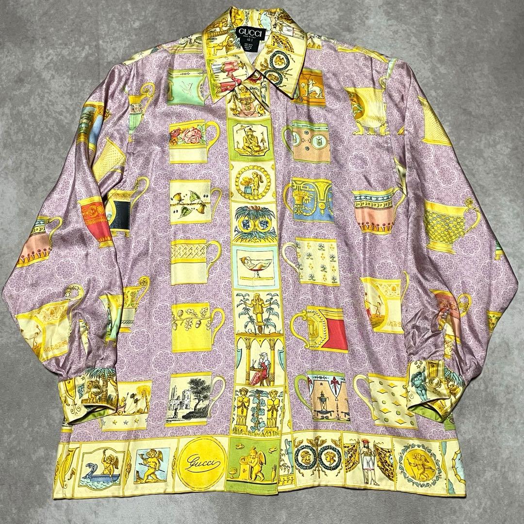 希少　グッチ　GUCCI （40） マグカップ柄シャツ　総柄　シルク100%
