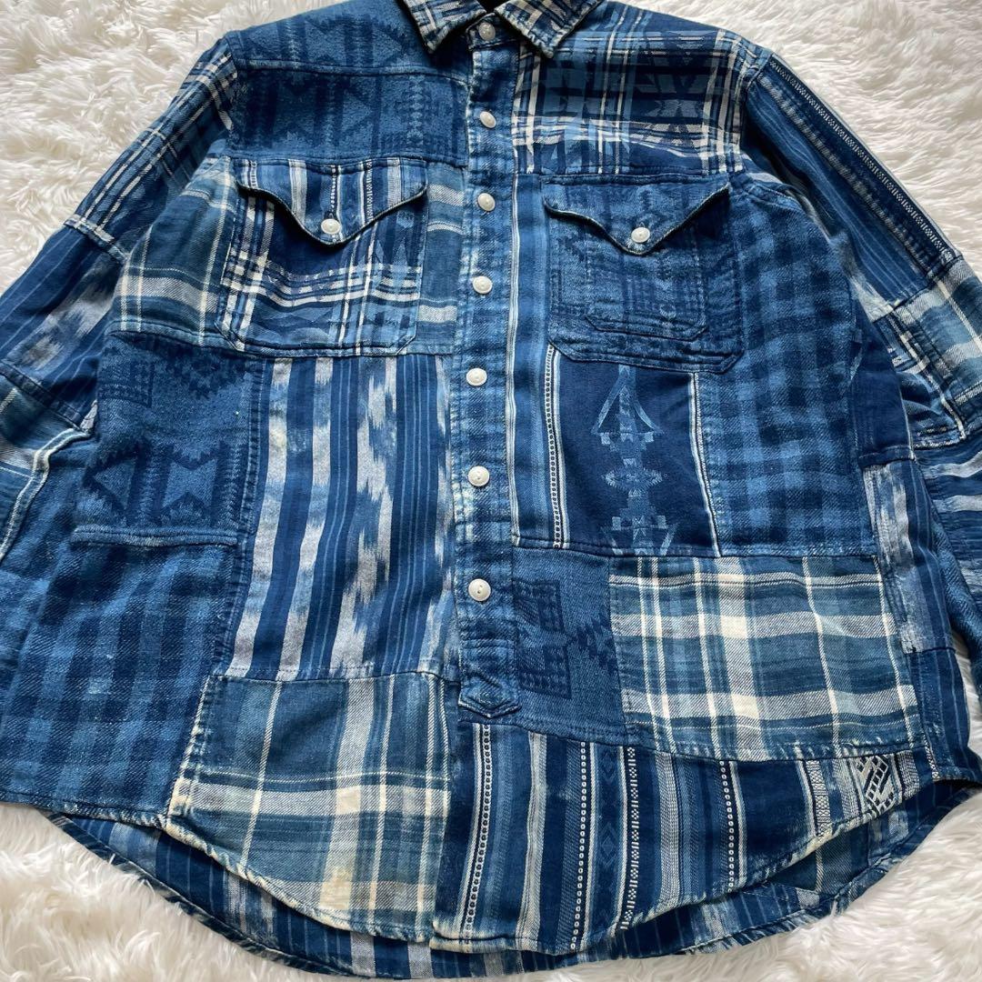 希少 ポロ ラルフローレン パッチワーク シャツ M インディゴ　ブルー 長袖