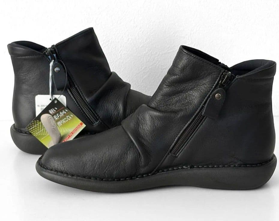 新品 Put's Wファスナー 本革 ショートブーツ 黒 23.5 コンフォート