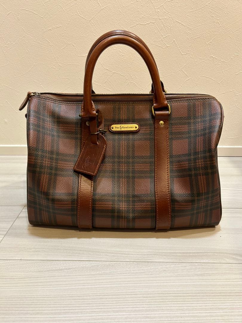 美品 ポロラルフローレン ミニボストン バッグ ブラウン チェック柄