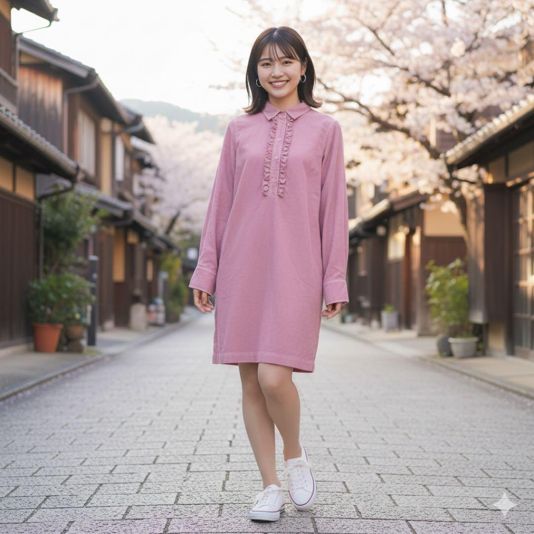 GUCCI グッチ　コーデュロイ　胸元フリル　膝丈長袖ワンピース　ピンク　36