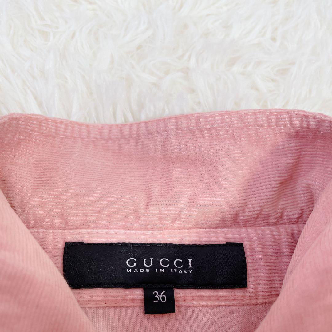 GUCCI グッチ　コーデュロイ　胸元フリル　膝丈長袖ワンピース　ピンク　36