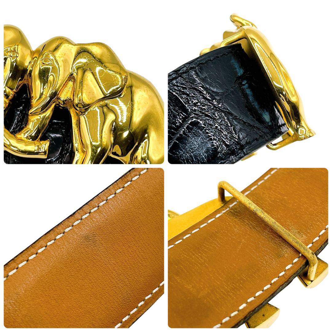 良品 エルメス クロコ エレファントバックル ベルト 75 ブラック ゴールド