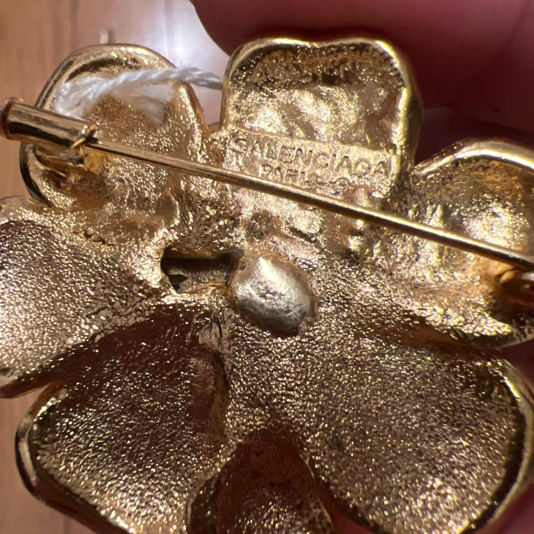 美品レア　バレンシアガ　ヴィンテージ　ブローチ　フラワー　ゴールド　グリーン