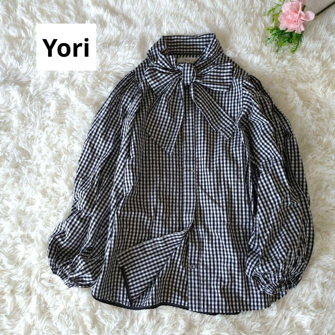 ヨリ Yori ギャザースリーブ ギンガムチェックブラウス ボウタイ リボン