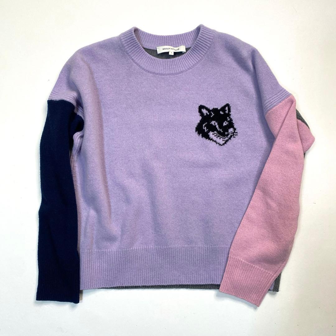 メゾンキツネ　刺繍ニットセーター ウール100% ピンク　パープルバイカラーS