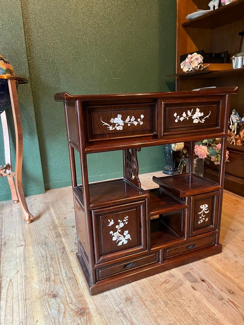 ジョンジョン＊螺鈿 紫檀 茶箪笥 飾り棚 小ぶり 違い棚 和風 昭和レトロ