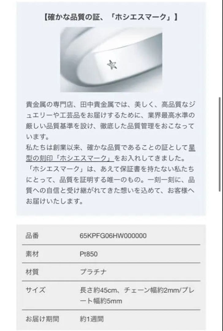 プラチナ ネックレス Pt850 銀座田中　TAKAKA ホシエス 45cm