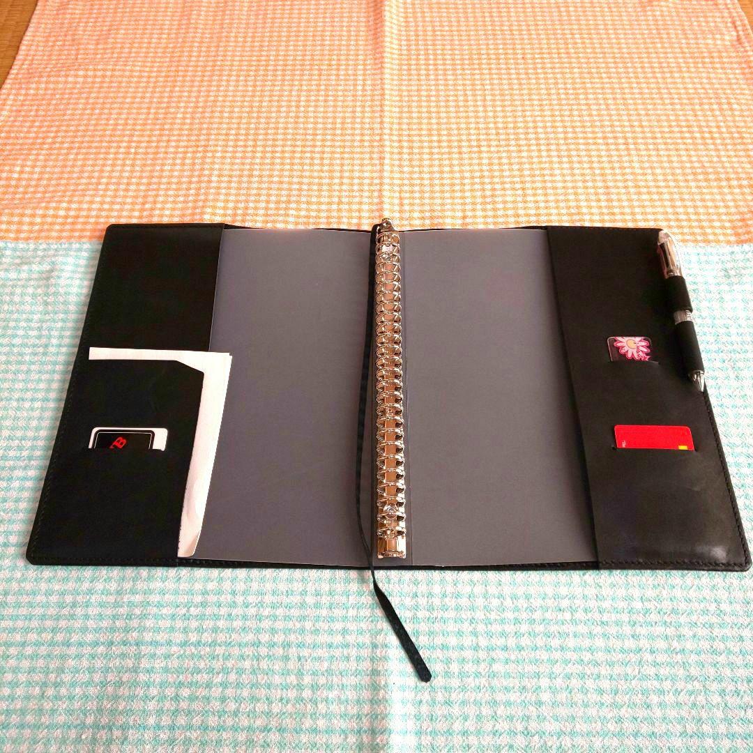 オイルワックスヌメ革黒レザーカバー、B5 26穴バインダー付