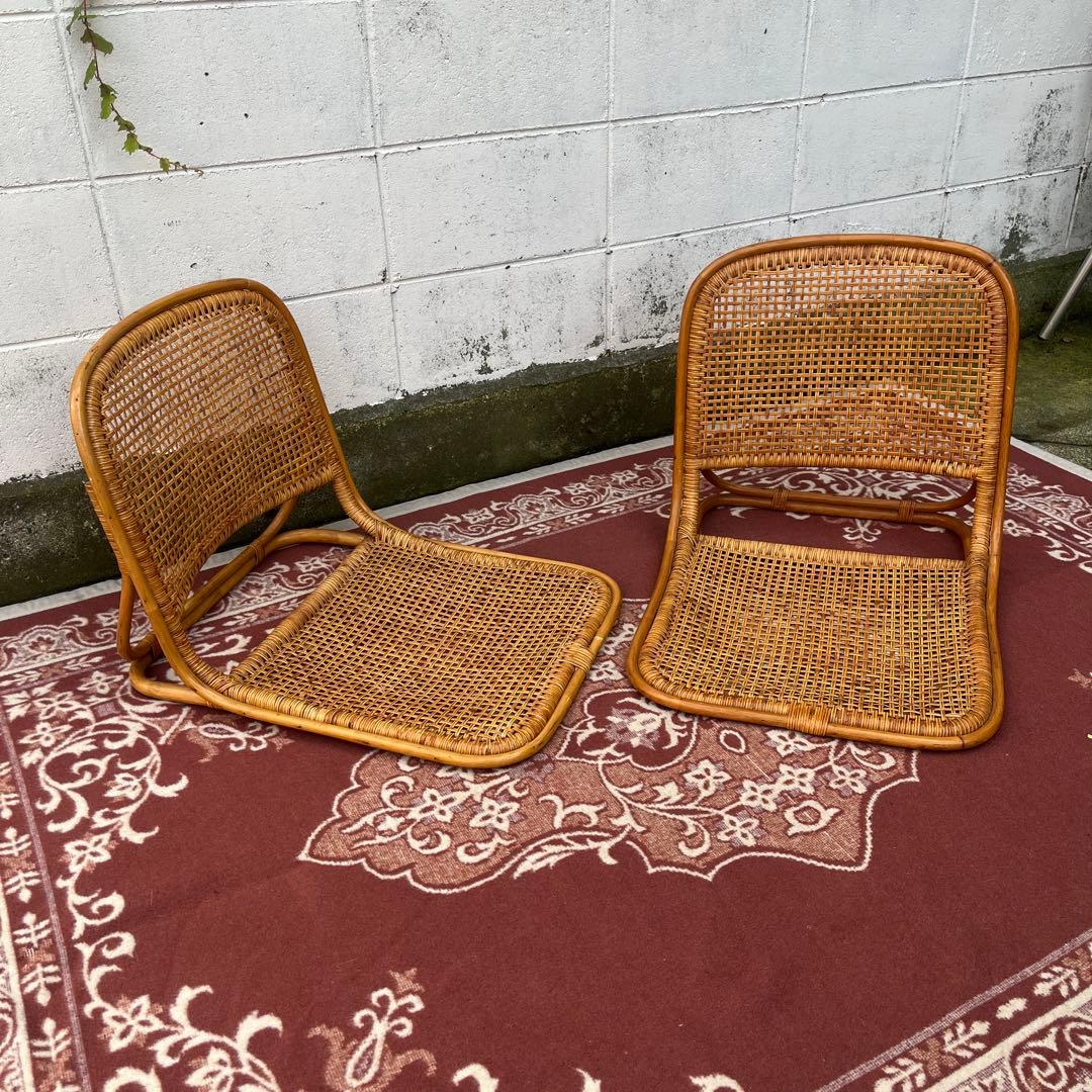 2点セットさ◾️古家具 ビンテージ品 籐ラタンフレーム 座椅子 ナチュラル天然素材