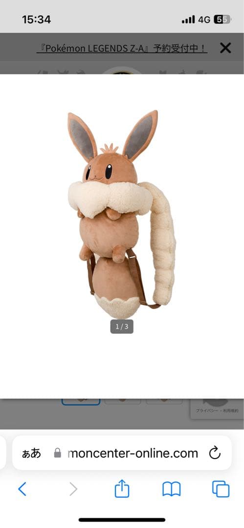 新品未開封ボタンのイーブイリュック　ポケモンセンター限定品ぬいぐるみバッグ