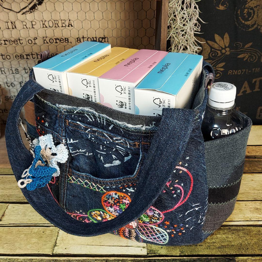 刺繍デニムバック　No.667　デニムリメイク　チューリップバック　刺繍バック