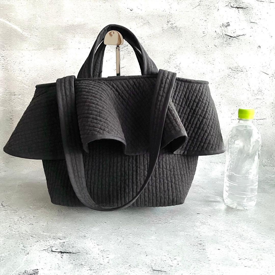 フレアフリル付きトートバッグ（L）　2way ヌビバッグ　ブラック　ハンドメイド