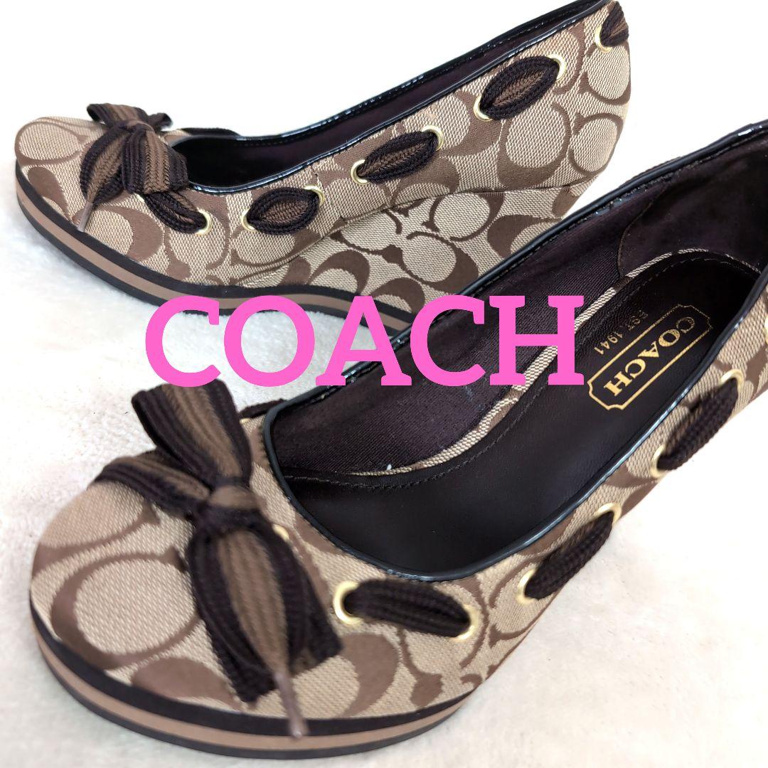 dv1 COACH リボン付き ウェッジ シグネチャー ヒールパンプス