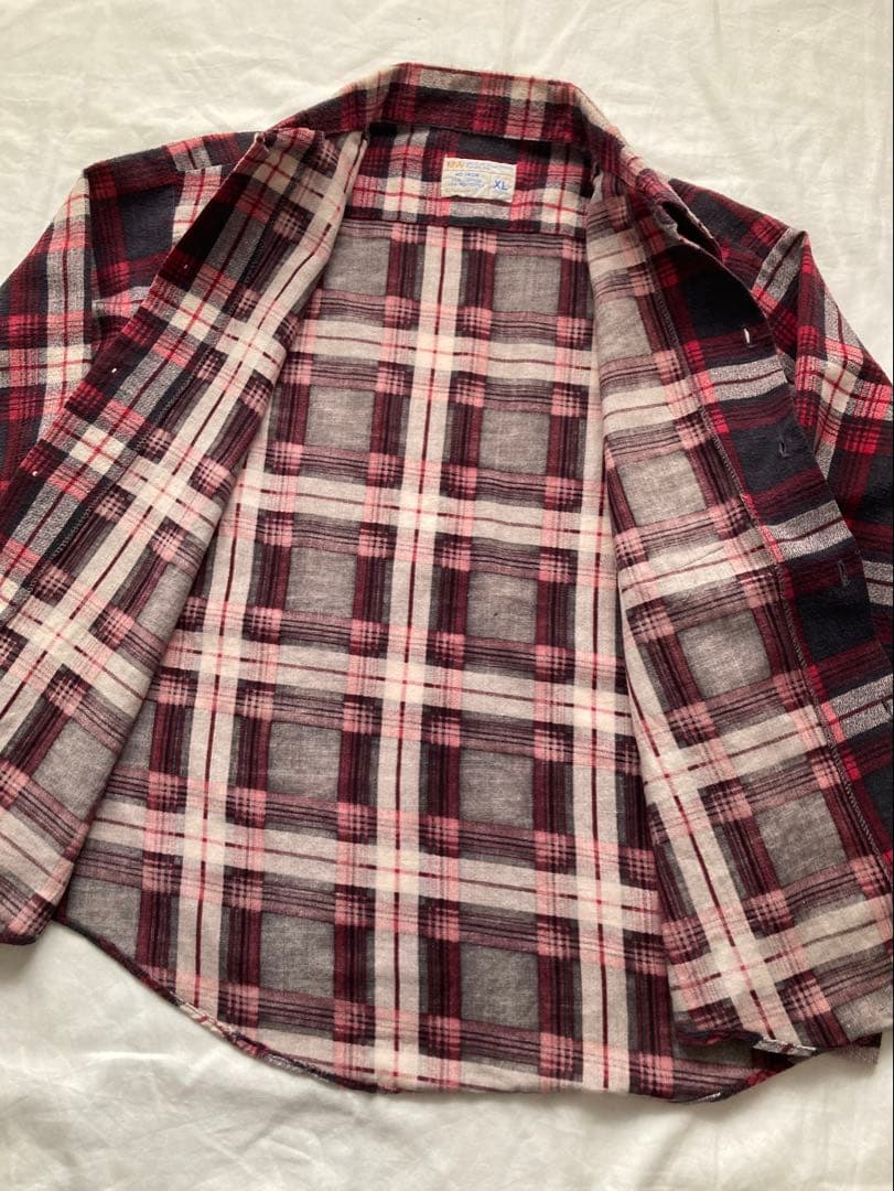 【希少】70s JC PENNY プリントネルチェックシャツ XL 赤系 長袖