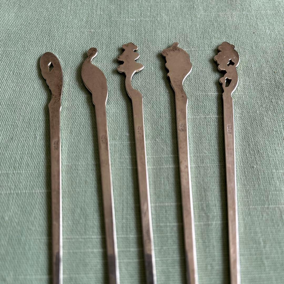 銀製菓子楊枝5本セット松竹梅鶴亀