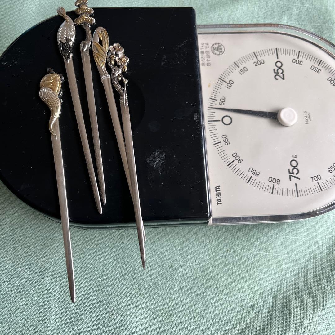 銀製菓子楊枝5本セット松竹梅鶴亀