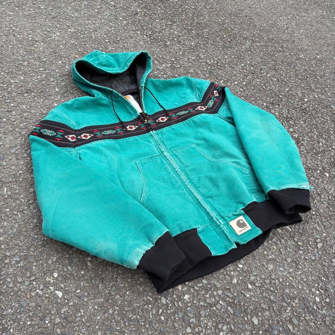 90s USA Carhartt アクティブジャケット　ネイティブ柄　ターコイズ