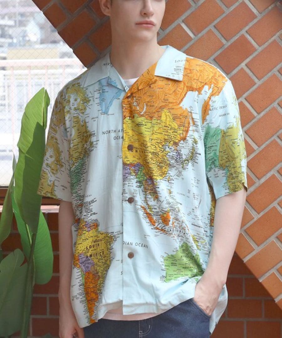 【新品】Houston XLサイズ 世界地図プリントシャツ アロハ