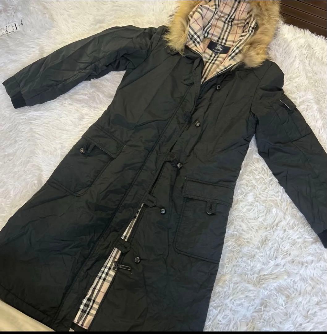 BURBERRY 160A ノバチェック 中綿ロングコート 黒 ファー付き