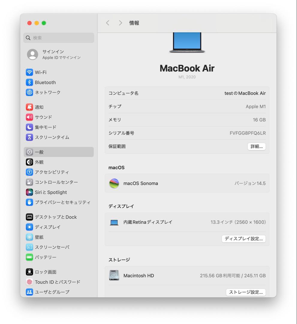 MacBook本体 Apple MacBook Air M1 16GB 256GB