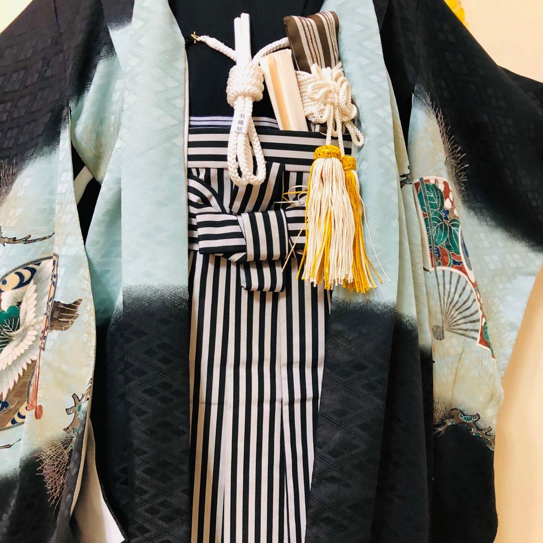 七五三５歳完全フルセット‼️豪華黒地系鷹金彩煌びやか⭐︎袴縞スタイルアップ人気銘品