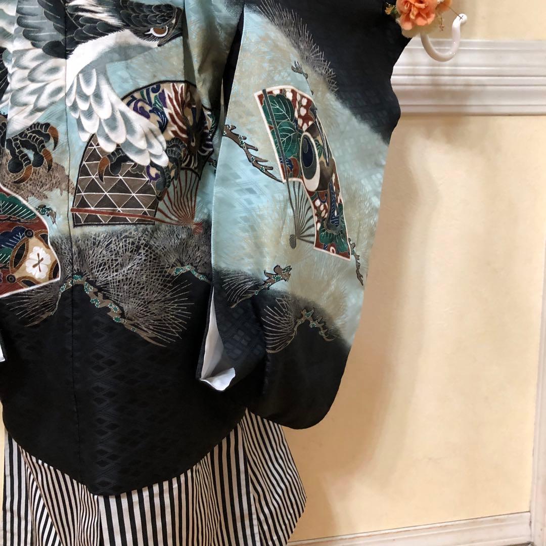 七五三５歳完全フルセット‼️豪華黒地系鷹金彩煌びやか⭐︎袴縞スタイルアップ人気銘品