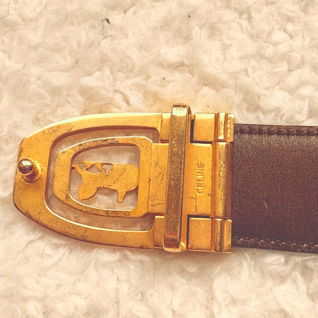 CELINE 黒レザーベルト クラシックカー金具 馬車金具 ゴールド 長さ調節可