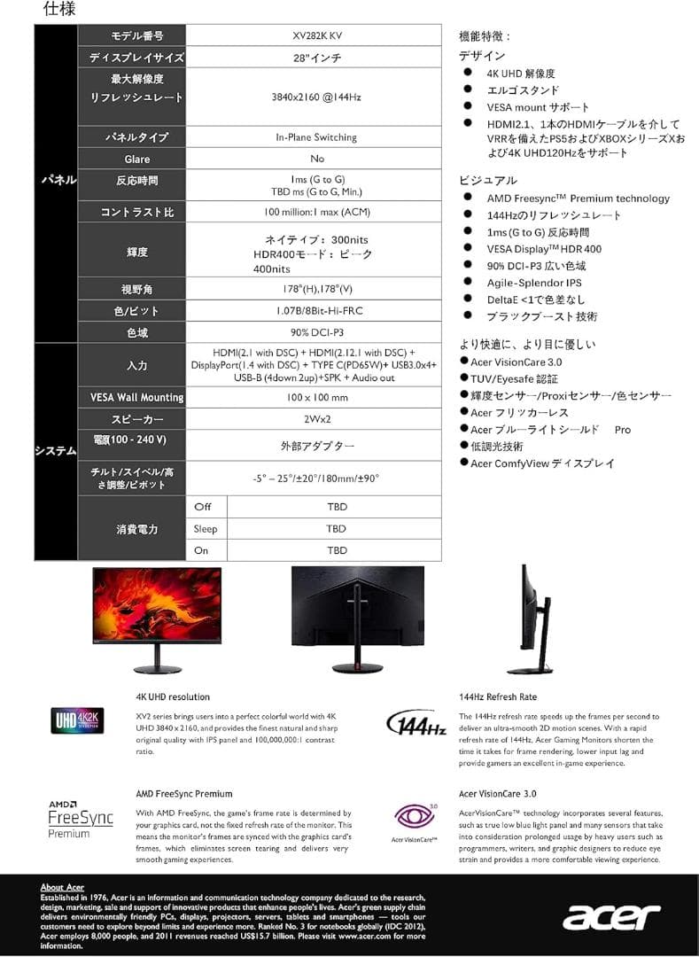 ACER 28型4Kディスプレイ NITRO XV282KKVbmiipruzx