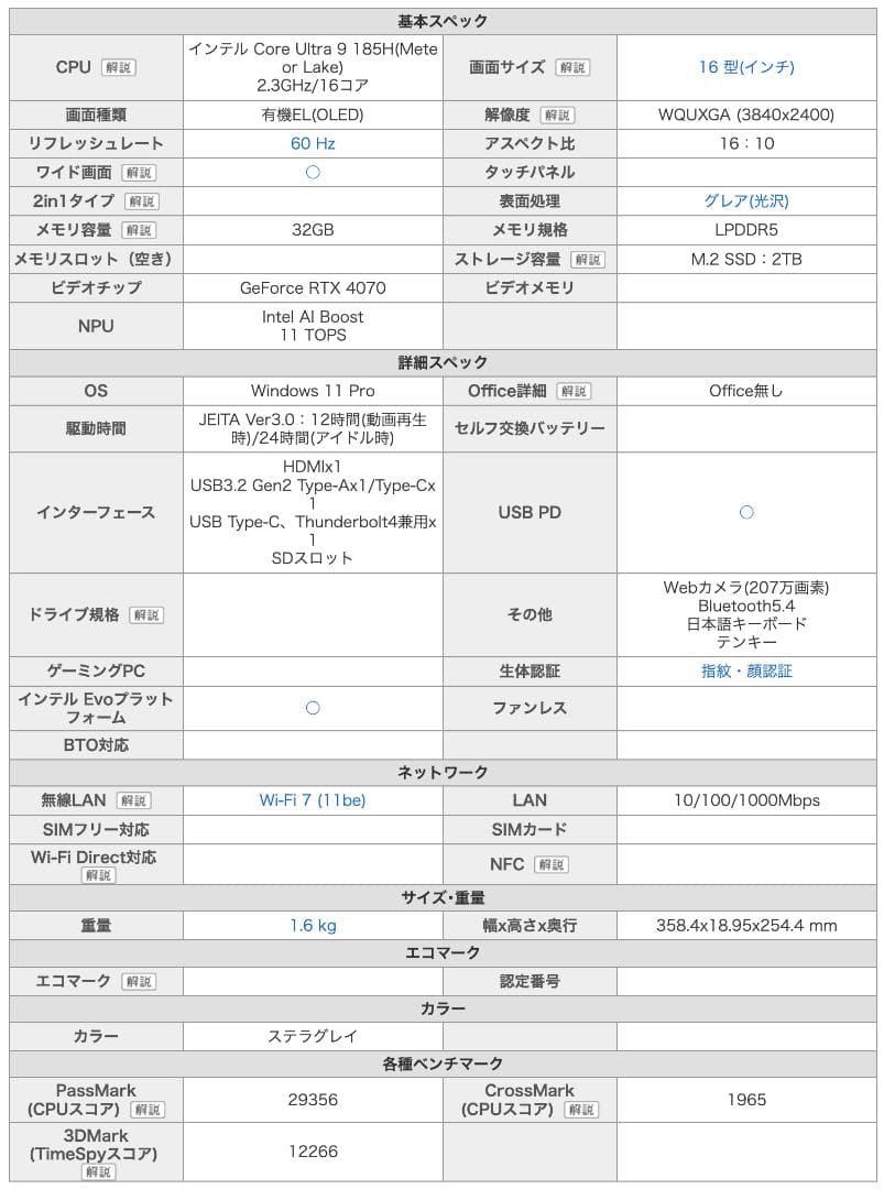 ゲーミングノート/Win11/Core9/RTX4070/メモリ32GB