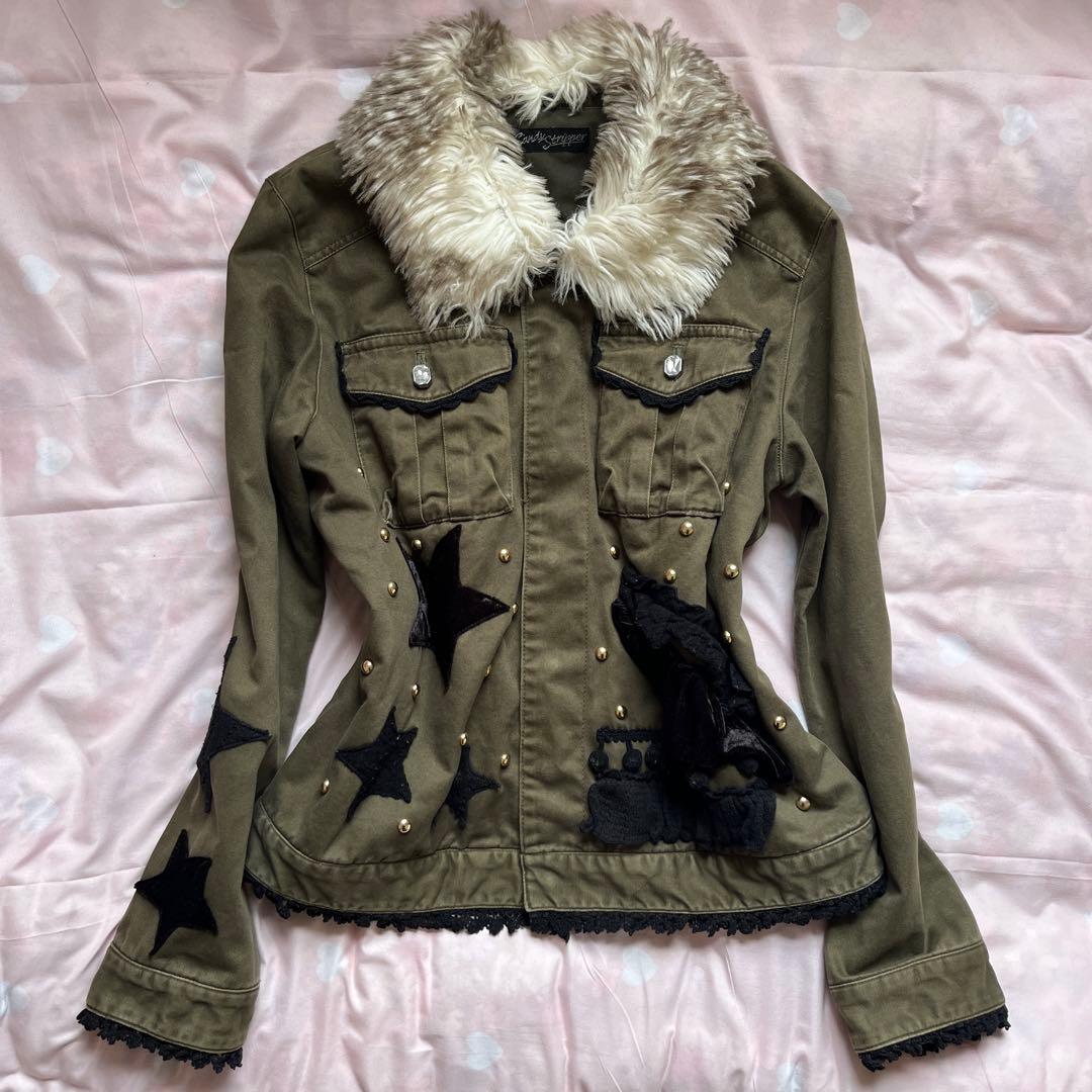 当時物 ファー付レース刺繍ジャケット 平成ギャルy2kグランジパンク星スタッズ
