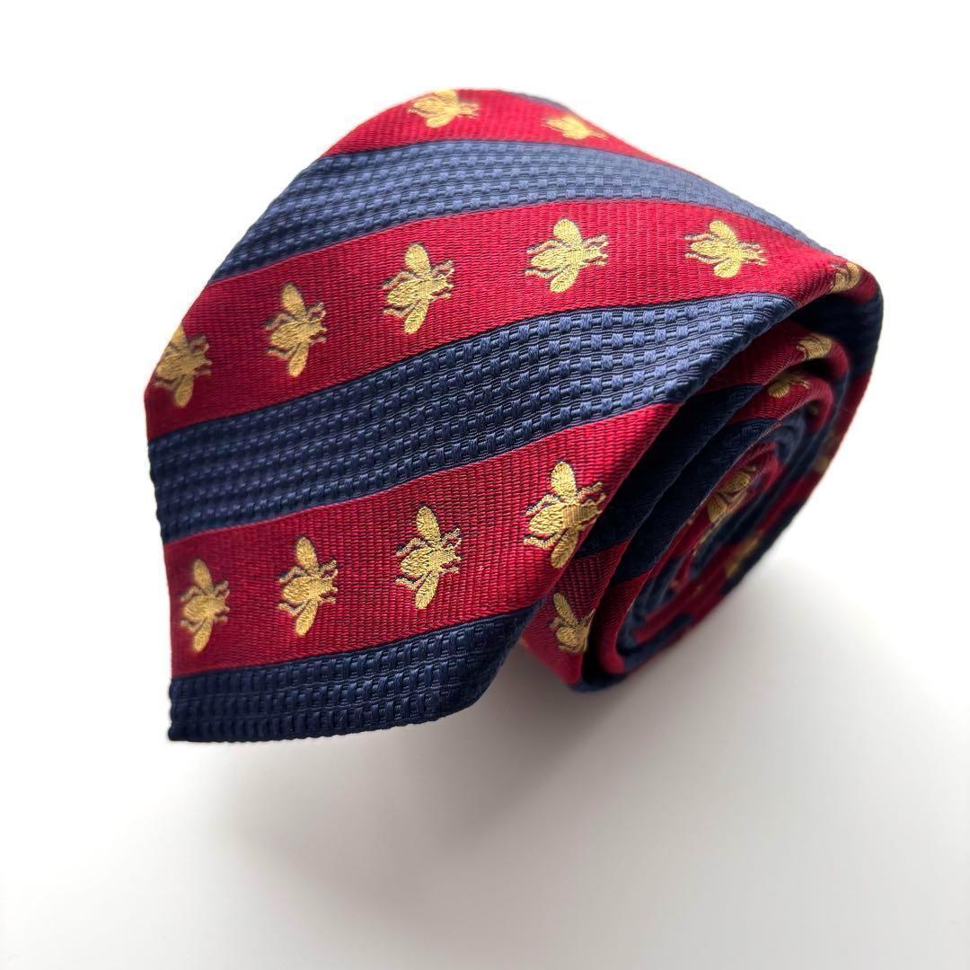 ꧁美品꧂ グッチ ネクタイ ナロータイ GG柄 蜂 ストライプ レッド ブルー