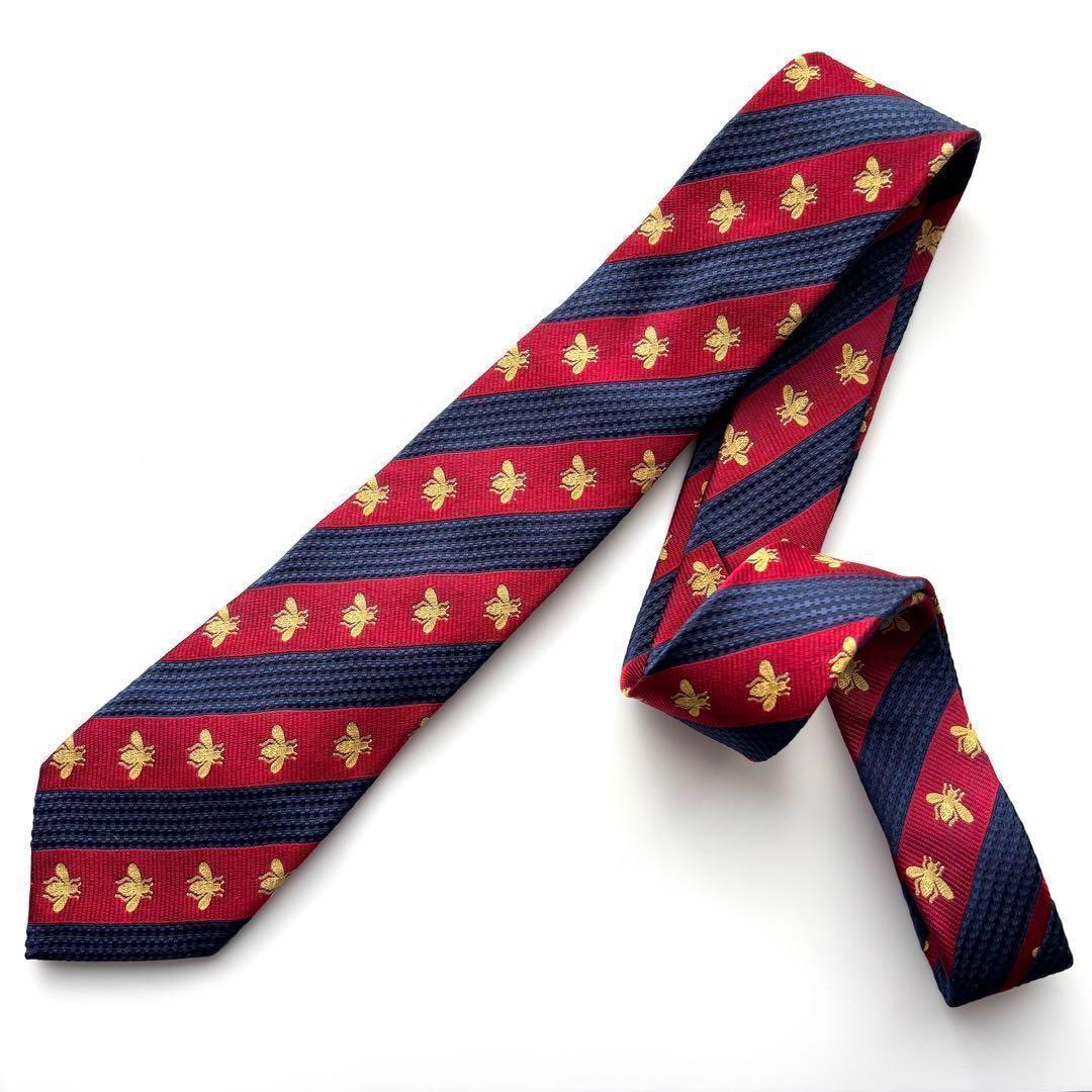 ꧁美品꧂ グッチ ネクタイ ナロータイ GG柄 蜂 ストライプ レッド ブルー